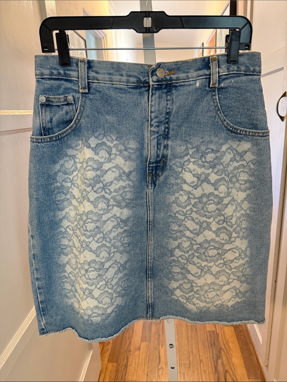 Custom - The Blues Bleached Lace-Panel Blue Denim Midi Skirt - Upcycled
